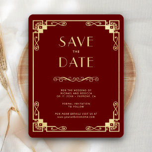 Vintage Art Deco Hochzeitsfoto in Rot und Gold Save The Date