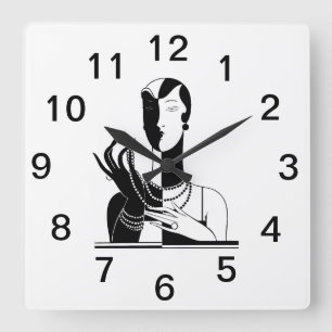 Vintage Art Deco Lady mit Perlen schwarz weiß Quadratische Wanduhr