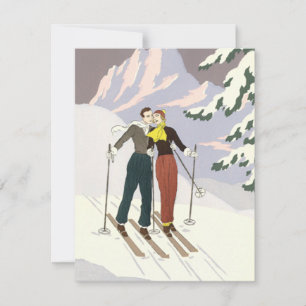 Vintage Art Deco Liebe und Romantik Skifahrende Fr Ankündigung