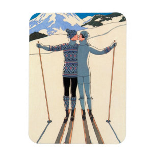 Vintage Art Deco, Liebende im Schnee von George Ba Magnet