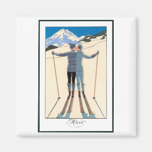 Vintage Art Deco, Liebende im Schnee von George Ba Magnet