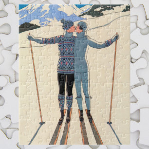 Vintage Art Deco, Liebende im Schnee von George Ba Puzzle
