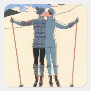 Vintage Art Deco, Liebende im Schnee von George Ba Quadratischer Aufkleber