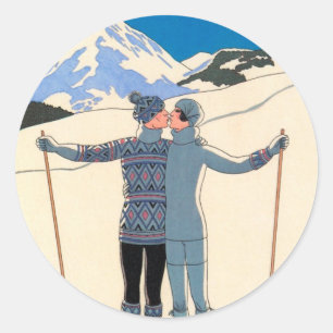 Vintage Art Deco, Liebende im Schnee von George Ba Runder Aufkleber