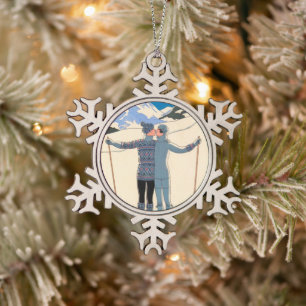 Vintage Art Deco, Liebende im Schnee von George Ba Schneeflocken Zinn-Ornament