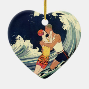 Vintage-Art Deco - Liebende küssen sich in den Wel Keramik Ornament