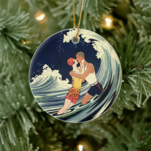 Vintage-Art Deco - Liebende küssen sich in den Wel Keramik Ornament