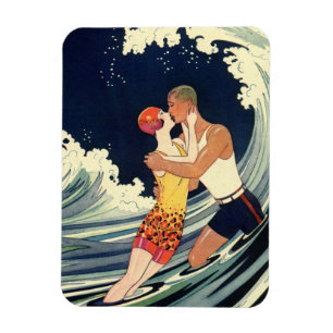Vintage-Art Deco - Liebende küssen sich in den Wel Magnet