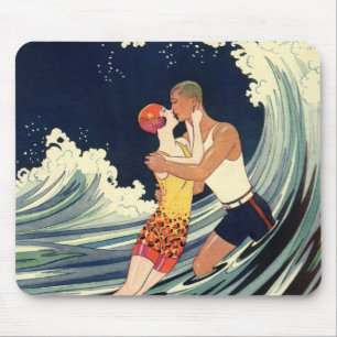 Vintage-Art Deco - Liebende küssen sich in den Wel Mousepad