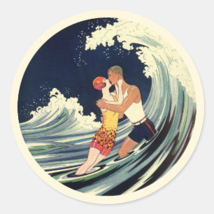 Vintage-Art Deco - Liebende küssen sich in den Wel Runder Aufkleber