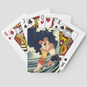 Vintage-Art Deco - Liebende küssen sich in den Wel Spielkarten
