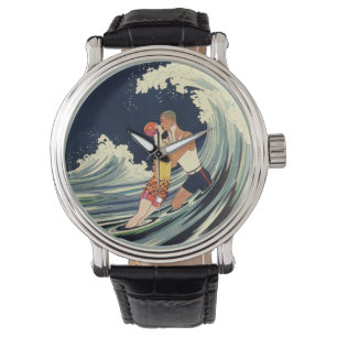 Vintage-Art-Déco-Liebende küssen sich in den Welle Armbanduhr