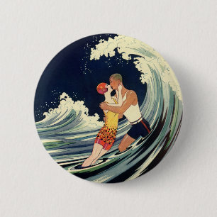 Vintage-Art-Déco-Liebende küssen sich in den Welle Button