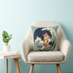 Vintage Art Deco Liebende küssen sich in den Welle Kissen