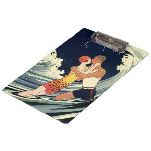 Vintage-Art-Déco-Liebende küssen sich in den Welle Klemmbrett