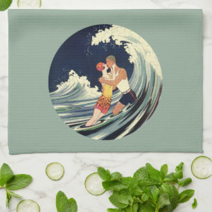 Vintage-Art-Déco-Liebende küssen sich in den Welle Küchentuch