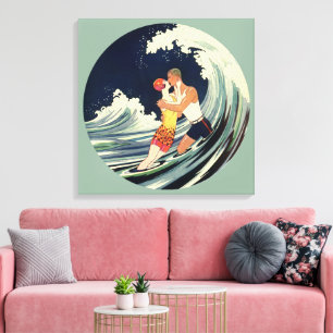 Vintage-Art-Déco-Liebende küssen sich in den Welle Leinwanddruck