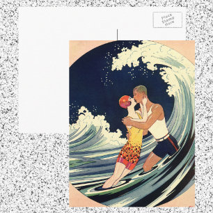 Vintage-Art-Déco-Liebende küssen sich in den Welle Postkarte