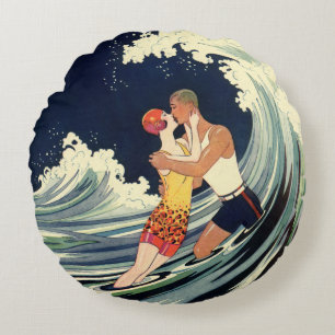Vintage-Art-Déco-Liebende küssen sich in den Welle Rundes Kissen
