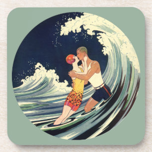 Vintage-Art-Déco-Liebende küssen sich in den Welle Untersetzer