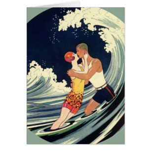 Vintage Art Deco, Liebespaar küsst sich am Strand
