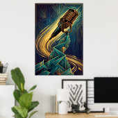 Vintage Art Deco Microphone Music Gold & Teal Poster (Heimbüro)