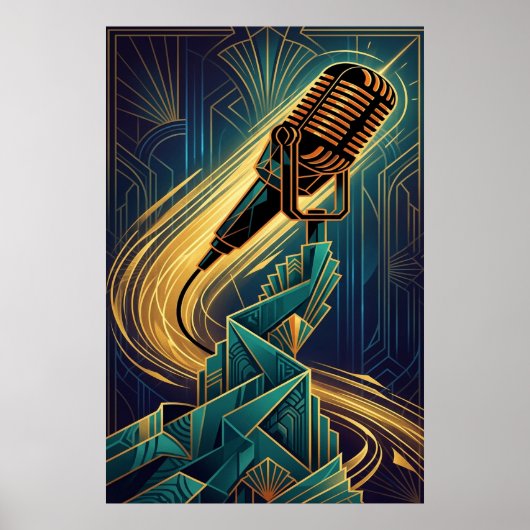 Vintage Art Deco Microphone Music Gold & Teal Poster (Vorne)