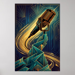 Vintage-Art-Déco-Mikrofon Musik Gold & Türkis Poster