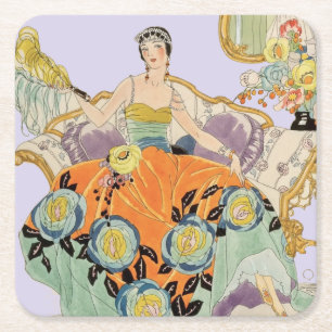 Vintage-Art-Déco-Modeillustration Elegant  Rechteckiger Pappuntersetzer