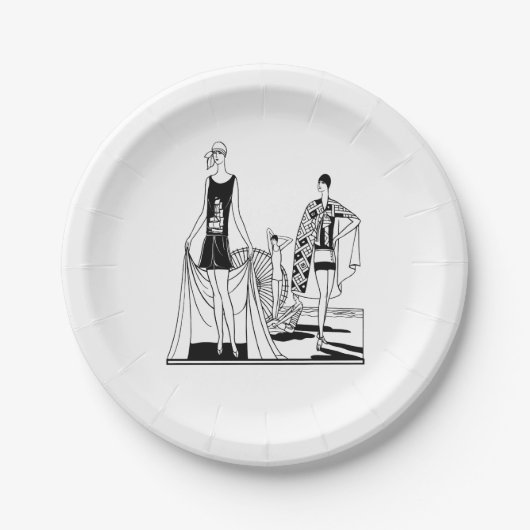 Vintage Art-Deco-modische Damen am Strand Pappteller (Vorderseite)