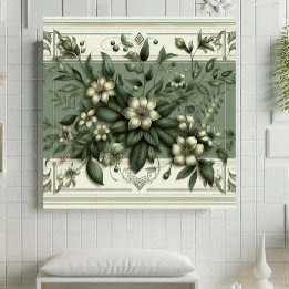 Vintage Art Deco Salbeigrün Flora Botanisches Desi Fliese