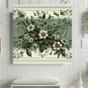 Vintage Art Deco Salbeigrün Flora Botanisches Desi Fliese