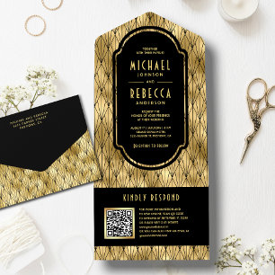 Vintage Art Deco Schwarz Gold QR-Code Hochzeit All In One Einladung