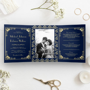 Vintage Art Deco Stil Blau und Gold Hochzeit Dreifach Gefaltete Einladung