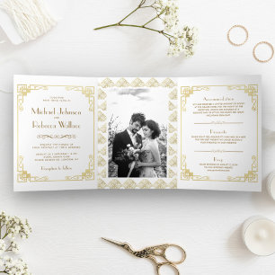 Vintage Art Deco Stil weiße und goldene Hochzeit Dreifach Gefaltete Einladung
