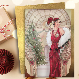Vintage Art Deco Weihnachtsfrau Feiertagskarte