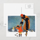 Vintage Art Deco Winter Mutter und Kind im Schnee Postkarte (Vorne/Hinten)