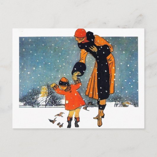 Vintage Art Deco Winter Mutter und Kind im Schnee Postkarte (Vorderseite)