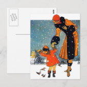 Vintage Art Deco Winter Mutter und Kind im Schnee  Postkarte (Vorne/Hinten)