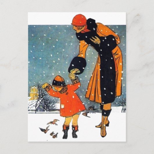 Vintage Art Deco Winter Mutter und Kind im Schnee  Postkarte (Vorderseite)