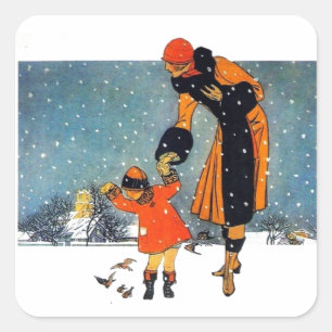 Vintage Art Deco Winter Mutter und Kind im Schnee  Quadratischer Aufkleber