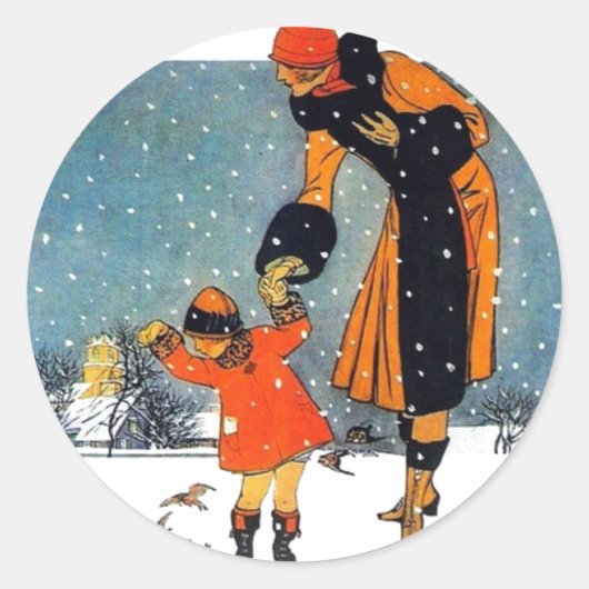Vintage Art Deco Winter Mutter und Kind im Schnee Runder Aufkleber (Vorderseite)