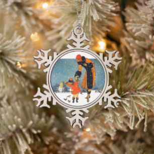 Vintage Art Deco Winter Mutter und Kind im Schnee Schneeflocken Zinn-Ornament