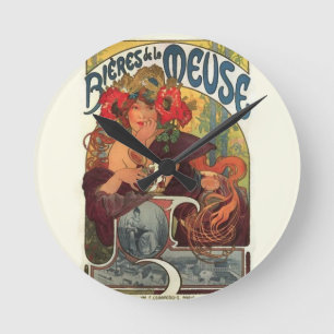 Vintage Art Nouveau Alphonse Mucha Runde Wanduhr