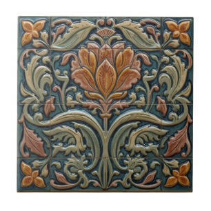 Vintage Art Nouveau blaue Majolika-Blumen Craftsma Fliese