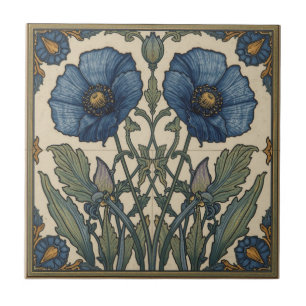 Vintage Art Nouveau Blaue Mohnblumen Floral Fliese