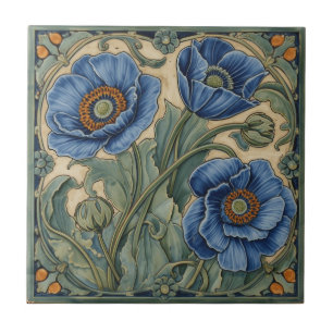 Vintage Art Nouveau Blaue Mohnblumen Floral Fliese