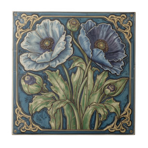 Vintage Art Nouveau Blaue Mohnblumen Floral Fliese