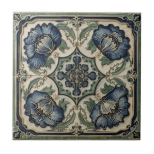 Vintage Art Nouveau blaue Mohnblumen Floral Fliese