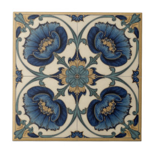 Vintage Art Nouveau Blaue Mohnblumen Floral Fliese